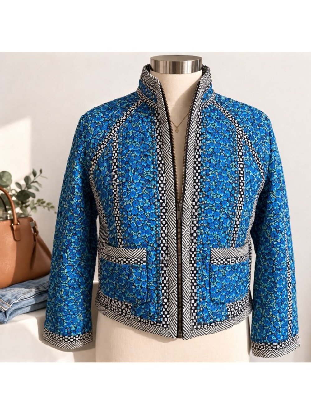 J.Crew Collection Quilted Cotton Silk Floral Studded Jacket Size 12 NWOT
